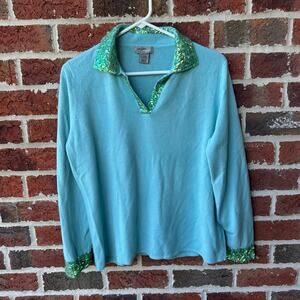 Vintage Designers Original Sequin Trim Sweater Aqua Green XL